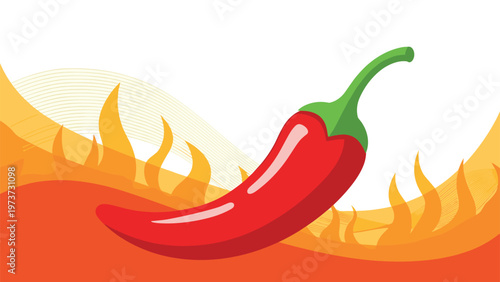 Fiery red chili pepper illustration set against a dynamic background of orange and yellow flames, symbolizing intense spice and culinary heat.
