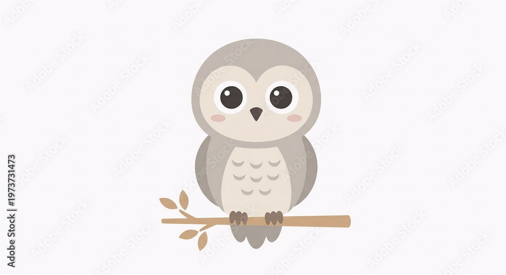 Fototapeta premium Cute Owl Vector Illustration - Baby Owl Sitting on a Tree Branch - Nursery Wall Art Graphic