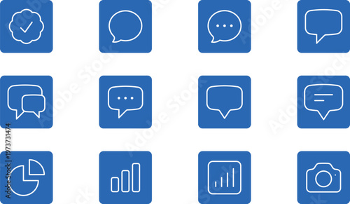 Set of 12 blue UI interface icons with chat and analytics.