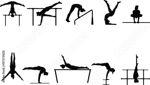 Gymnast silhouettes, parallel bars, pommel horse, balance beam, rings, dynamic poses, flips, handstands, strength, balance, flexibility, artistic sport, black outline