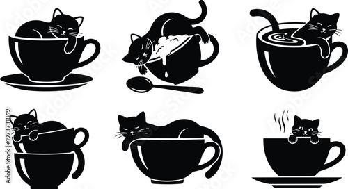 Silhouette cat illustrations close up sleeping kittens in teacups stacked and spilled spoon beside set of playful black cats in cups cozy whimsical scene soft lighting