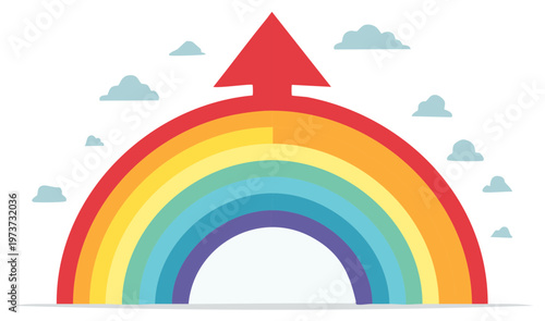 Red Arrow Points Upwards Emerging From Vibrant Rainbow Arch Against Cloudy Sky