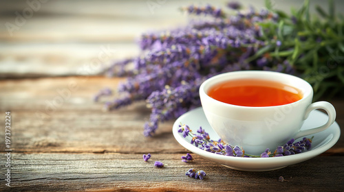 Lavender Tea and Flowers in White Cup on Vintage Wooden Surface