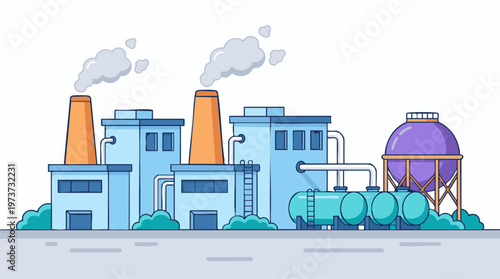 Industrial factory complex with smokestacks, pipes, and storage tanks