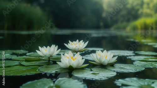 White lotus flowers in calm water surrounded by lush greenery