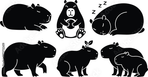 Flat silhouette illustration of multiple capybaras in various poses sleeping sitting standing with leaves food close up side view playful calm mood black background simple vector