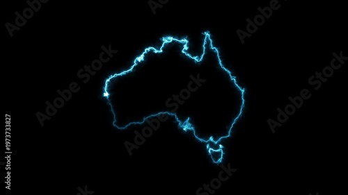 australia neon glowing continent map outline animation blue border light effect on black background modern
