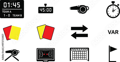 Soccer Referee Icon Set with VAR Scoreboard Whistle Stopwatch and Goal
