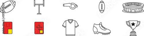 American Football Referee Equipment Icon Set with Ball Whistle Cards and Stadium