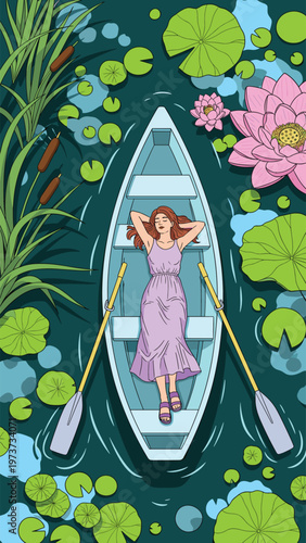 A woman relaxes in a small boat surrounded by lily pads and flowers