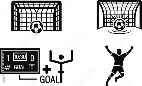 Soccer Goal Icons Set with Football in Net Scoreboard and Goal Celebration