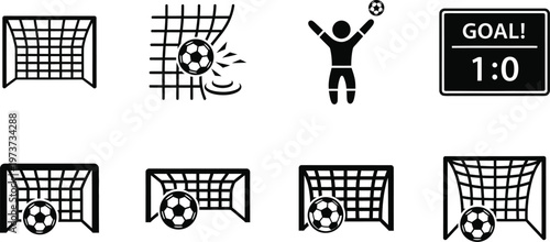 Soccer Goal Icons Set with Football in Net Scoreboard and Winning Celebration