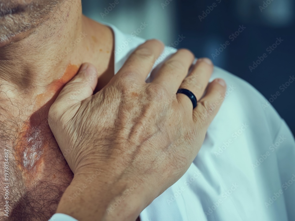 Naklejka premium Mans hand gripping white garment with skin irritation, clinical background, for healthcare editorial and medical awareness campaign