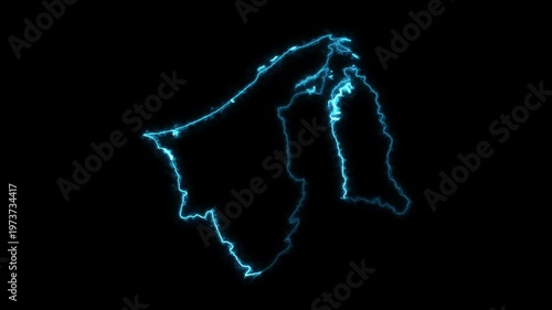 Brunei glowing neon map animation digital futuristic geographic border outline design on dark black background
