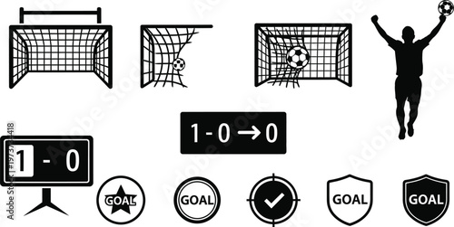 Soccer Goal Icons Set with Net Scoreboard Football Player and Goal Badges