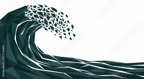 Dark green wave crashes with white accents and polygonal mosaic crest on solid white background its illustration only