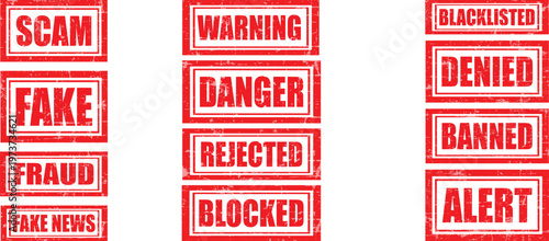 Grunge Warning Stamp Collection Showing Scam, Fraud, Fake News and Alert Messages for Security and Risk Communication Design