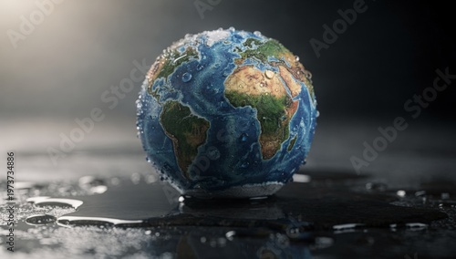 A small globe covered in water droplets representing the effects of climate change and global warming on the planet's environment and weather patterns