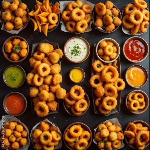 A top-down studio shot displays a collection of Indian snacks arranged in a 4-by-2 grid against a black background