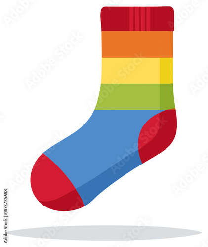 Colorful Striped Sock Cartoon Graphic, Red Heel and Toe, Isolated Illustration