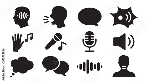 Voice, sound, and speech communication icon set for audio apps, podcast branding, and voice technology interface design