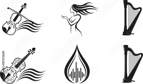 Musical instrument silhouette icon set featuring violin with fluid waves elegant harp illustrations flowing woman figure and sound wave pulse in black vector style.