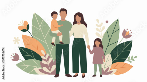 Minimalist illustration of a family of four, parents with two children in nature