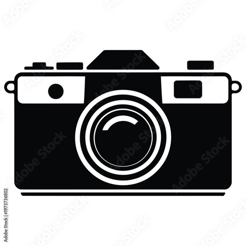 A striking black graphic depicts a classic camera design a bold visual silhouette