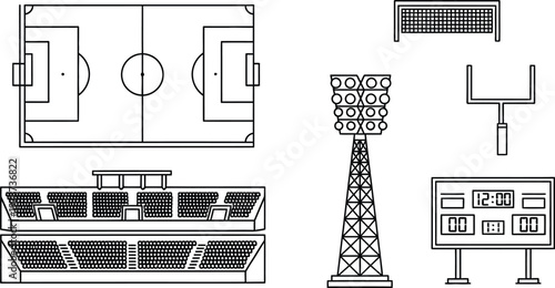 Soccer Football Stadium Field and Arena Infrastructure Vector Icon Set