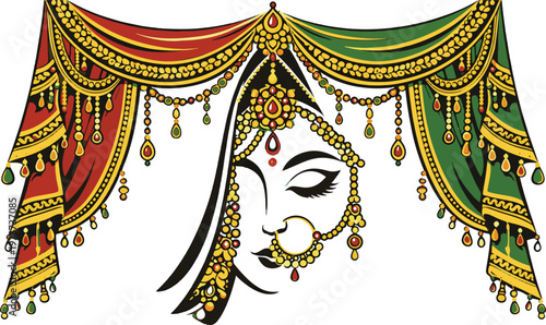 Elegant illustration of an indian woman with traditional jewelry and vibrant drapery