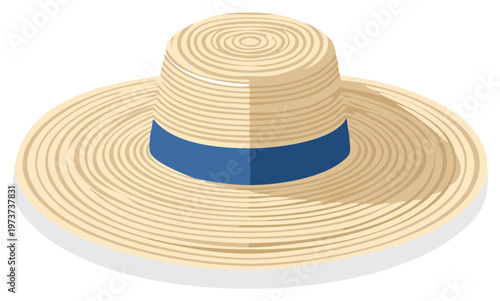 Illustration of Wide Brimmed Woven Straw Hat with Blue Ribbon Accent