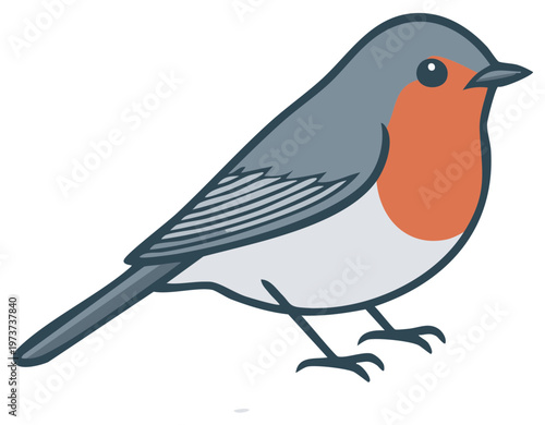 Cartoon Illustration of a European Robin. Simple, colorful, and friendly bird character in profile.