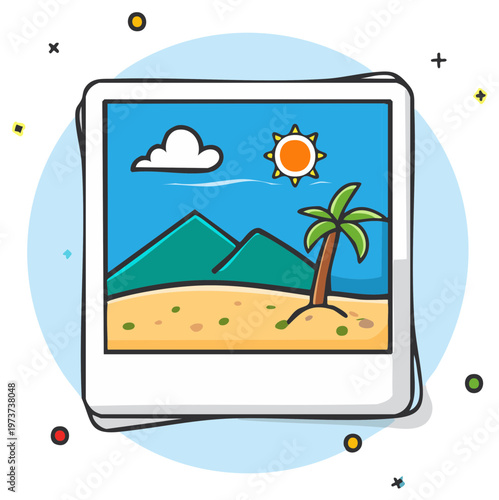Summer Beach Scene Cartoon Graphic with Palm Tree, Sun, Mountains and Cloud in Polaroid Photo