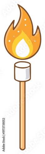 Cartoon illustration of marshmallow on a stick being roasted with bright flames