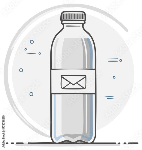 Cartoon illustration of a water bottle with an envelope label