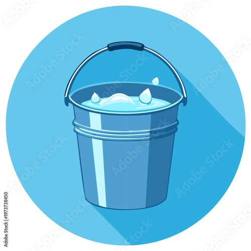 Blue bucket filled with water and splashes against a blue circular background