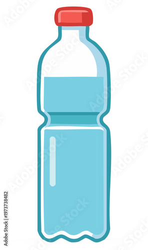 Cartoon illustration of a water bottle with a red cap and water inside.