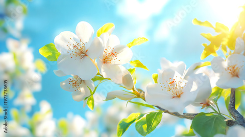 Time lapse of pear flowers blooming under blue sky