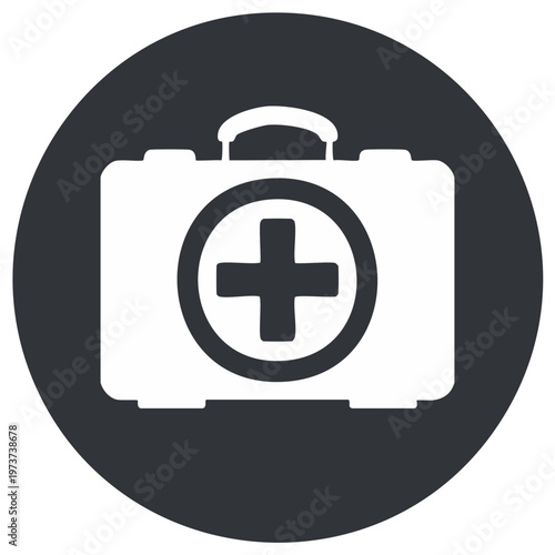 White first aid kit icon with red cross inside circle on dark gray background