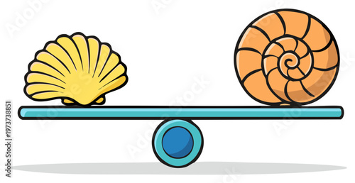 Cartoon illustration of a balance scale with seashells and nautilus shell