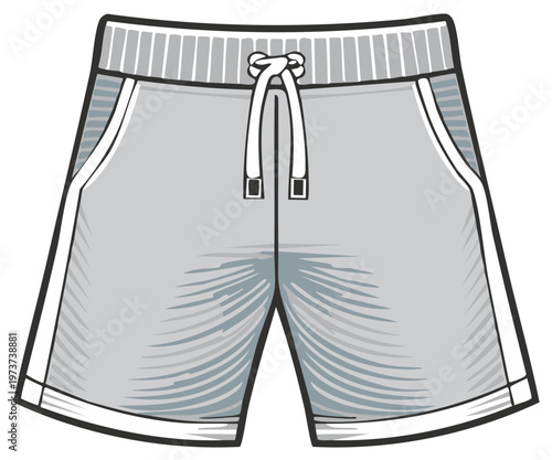 Gray sports shorts illustration with white drawstring and side stripes, active wear design.