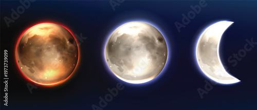 Realistic moon, lunar full and waning phases.
