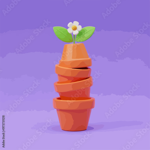 Terracotta flower pots stack with blooming white daisy, 3D clay style garden pots vector, terracotta planters on purple background