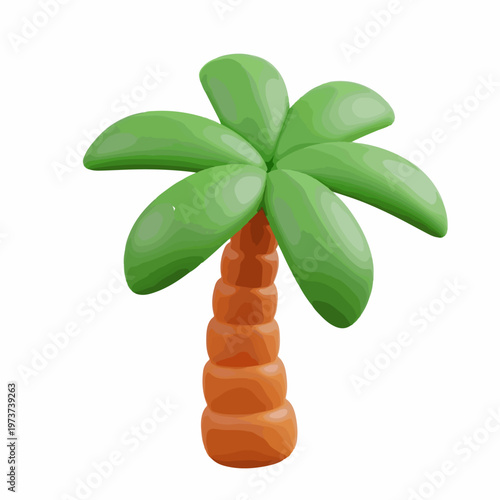 3D clay style palm tree vector illustration, tropical coconut tree with green leaves and brown trunk, cute plasticine summer plant icon