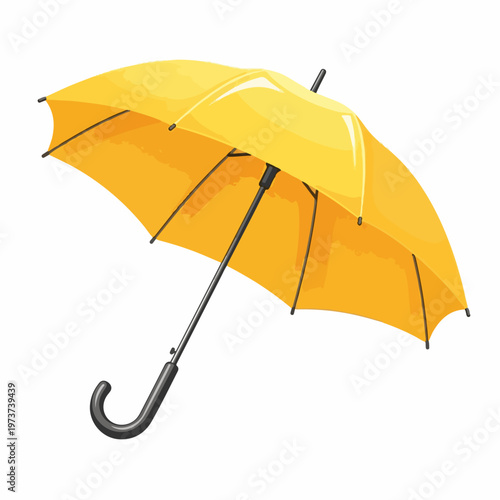 Bright yellow umbrella vector illustration, open waterproof parasol with black handle, vibrant rain protection gear isolated on white background