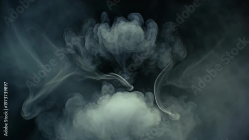 White swirling smoke clouds in atmospheric style on dark background, symbolizing mystery and ethereal concepts