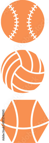 Ball icon set. Linear, silhouette, flat. Set of Orange and Orange sports ball icons. Set of monochrome soccer balls. Football or soccer related. Collection symbol of football, Orange sports balls set