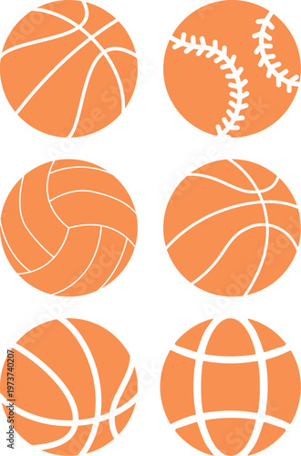 Ball icon set. Linear, silhouette, flat. Set of Orange and Orange sports ball icons. Set of monochrome soccer balls. Football or soccer related. Collection symbol of football, Orange sports balls set