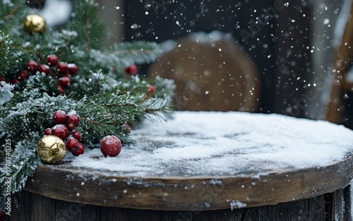 Snow-covered barrel with pine branches adorned with red berries and gold ornaments; snow falling gently
