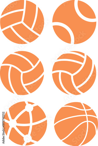 Ball icon set. Linear, silhouette, flat. Set of Orange and Orange sports ball icons. Set of monochrome soccer balls. Football or soccer related. Collection symbol of football, Orange sports balls set